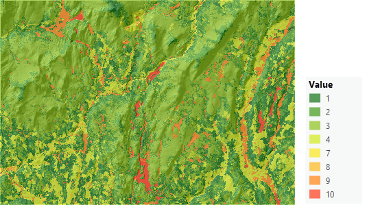 Map of the transformed land use values Map of the transformed land use values