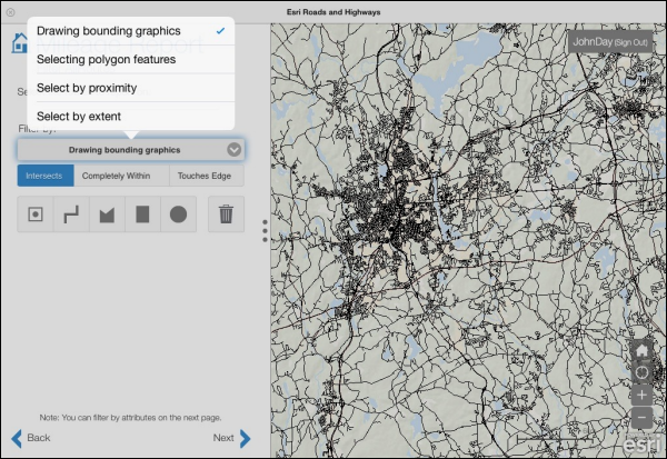 Spatial selection by drawing bounding graphics